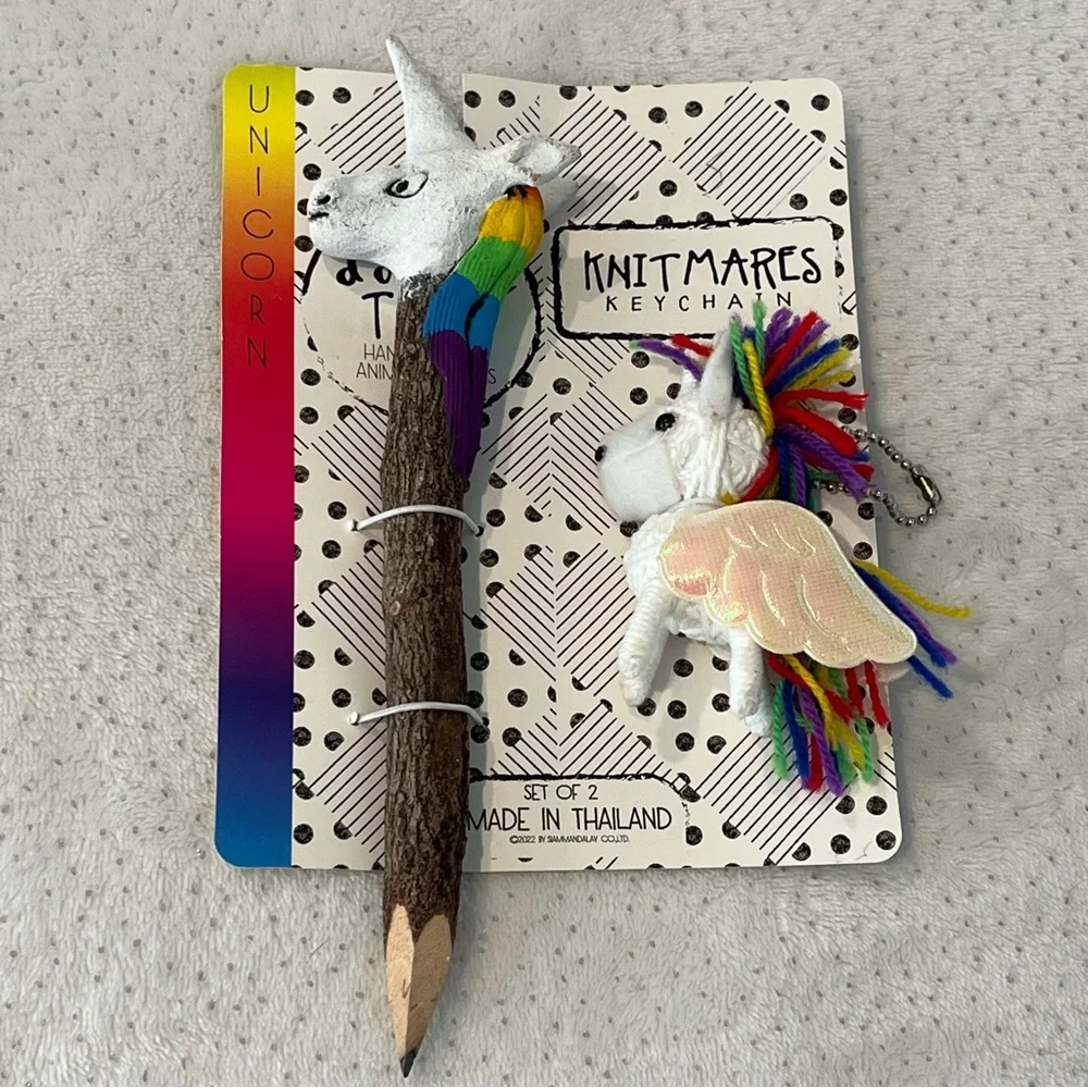 Knitmares Unicorn Set - Handmade Crochet Keychain & Tamarind Wood Pencil - Eco